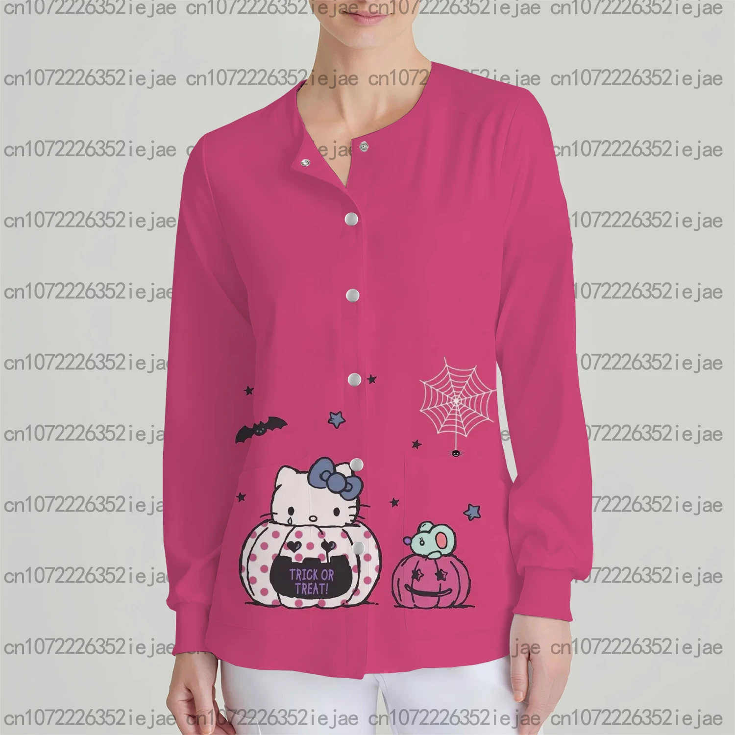 ナース看護ジャケット 秋と冬 暖かいコート 女性用医療スウェットシャツ ハローキティプリント 長袖スクラブトップ ストリートウェア