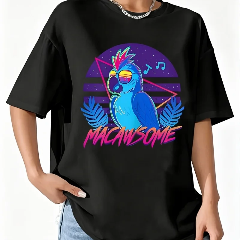 Macaw Parrot Retrowave 80S Women's 100% Cotton T-Shirt Fun Print Short Sleeve Top Casual Round Neck Tee S-5Xl