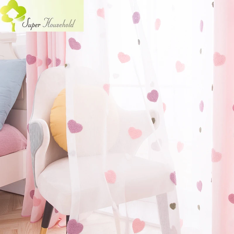 Korean Style Cartoon 3D Heart Cute Sheer Tulle for Children Bedroom Curtains Girls Kid\'s Living Room Window Screen Fabric Drapes