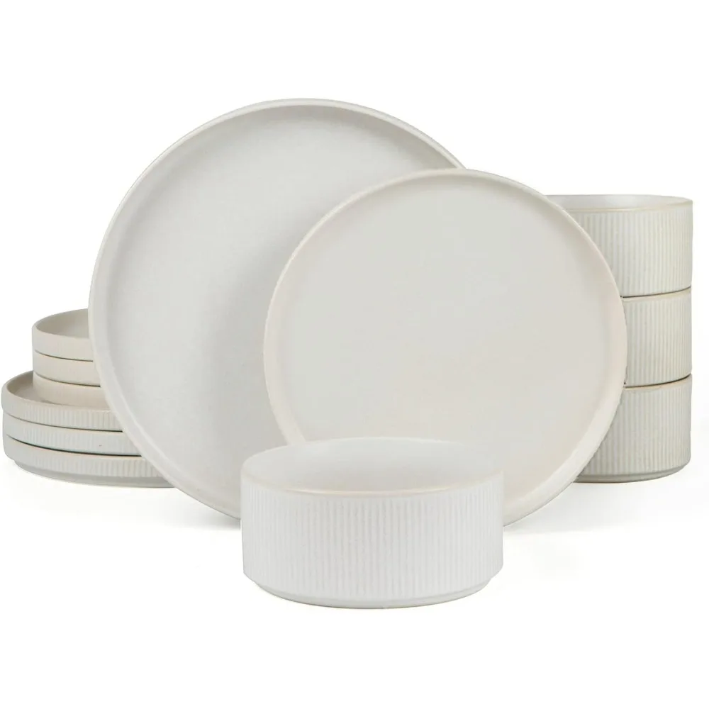 

Tableware set, suitable for plates and bowls for 4 people, 12 piece set of tableware, fully glazed matte white