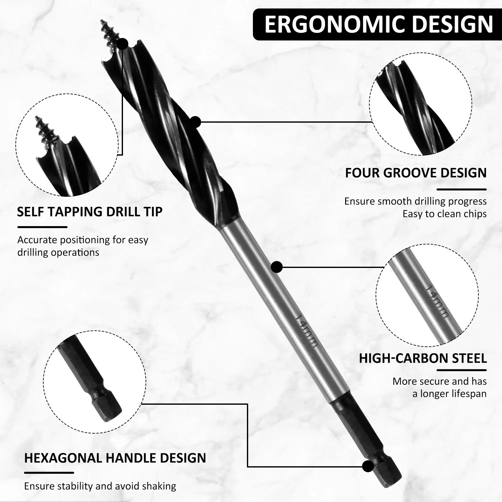10/12/14mm Set di punte da trapano a coclea Punta da trapano elicoidale per legno Taglio rapido Coclea Falegname Strumento Foro per legno Punta da trapano Strumento per la lavorazione del legno