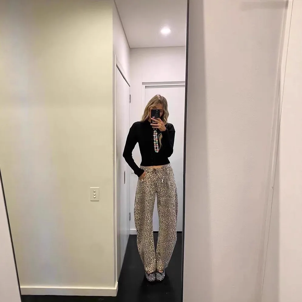 Lioness Washed Leopard Print Relaxed Fit Casual Wide Leg Jeans for Women High-Waisted Flattering Straight Leg Floor-Length Pants
