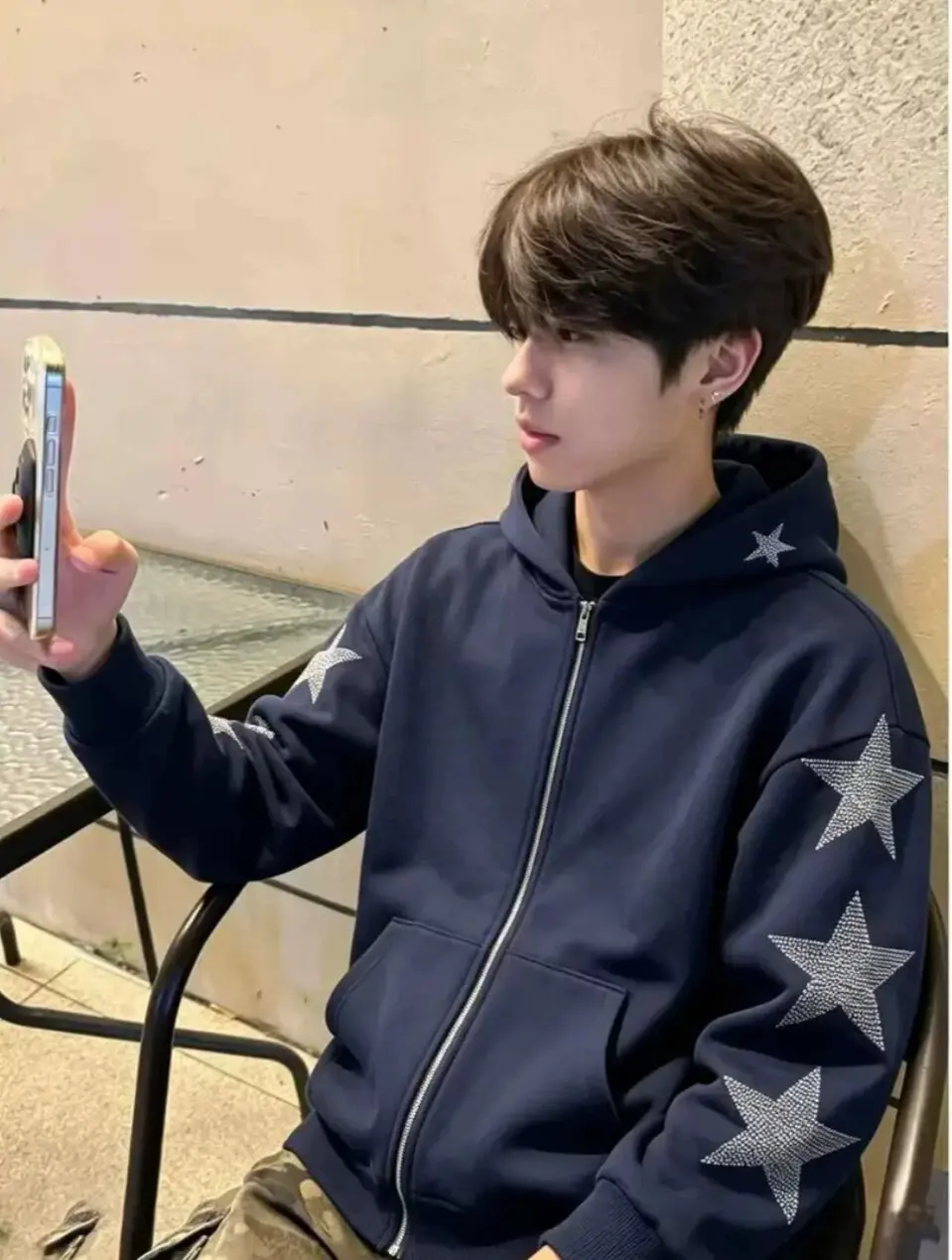American Style Hoodie Men's Early Autumn Retro Star Rhinestone Loose Casual Couple Zipper Open Cardigan Jacket Trendy