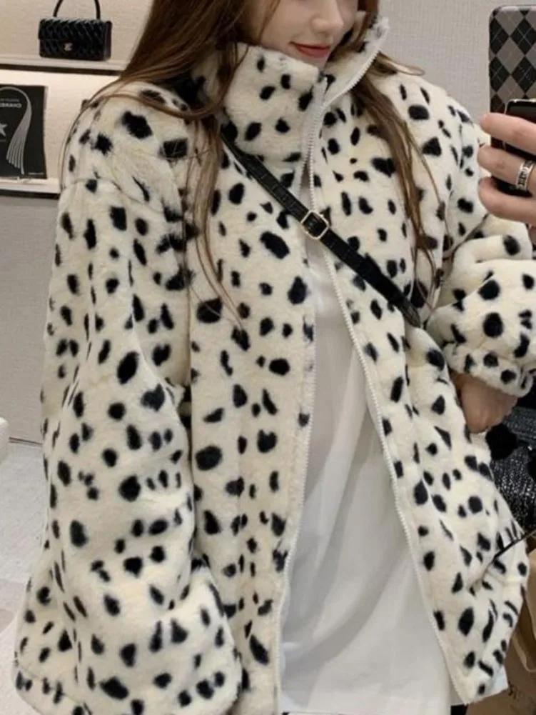 Faux Fur Leopard Pattern Fur Coat For Women Loose Thickened Padded Coat Chic Winter Faux Rabbit Fur Warm Trendy Coat Top