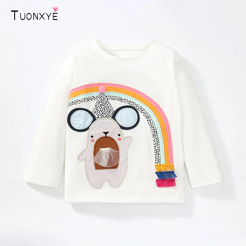 

TUONXYE Spring Girls Long Sleeve T-shirt Cute Cartoon Lace Rainbow Embroidery Soft Breathable Children's Pullover Clothes