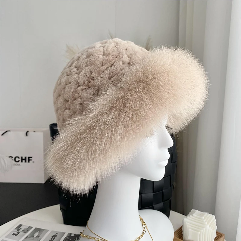 Real Rex Rabbit Fur Hat For Women Winter Luxury Fisherman Beanies Hat With Fox Fur Tide Fluffy Natural Fur Bomber Hat Ladies