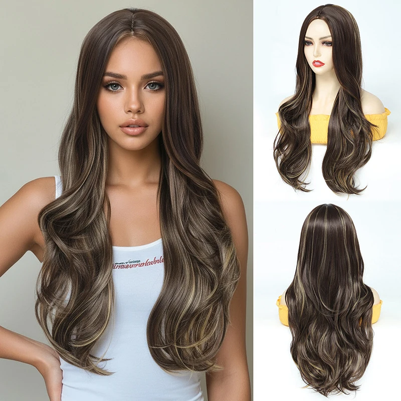 Medium-parted long curly hair, dark gradient to golden-brown, European and American style women's wig, machine-made synthe