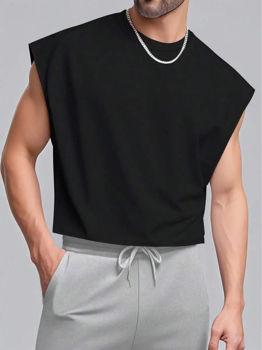 Men's Black Sleeveless Cropped Round Neck Tee, Minimalist Casual Summer Top