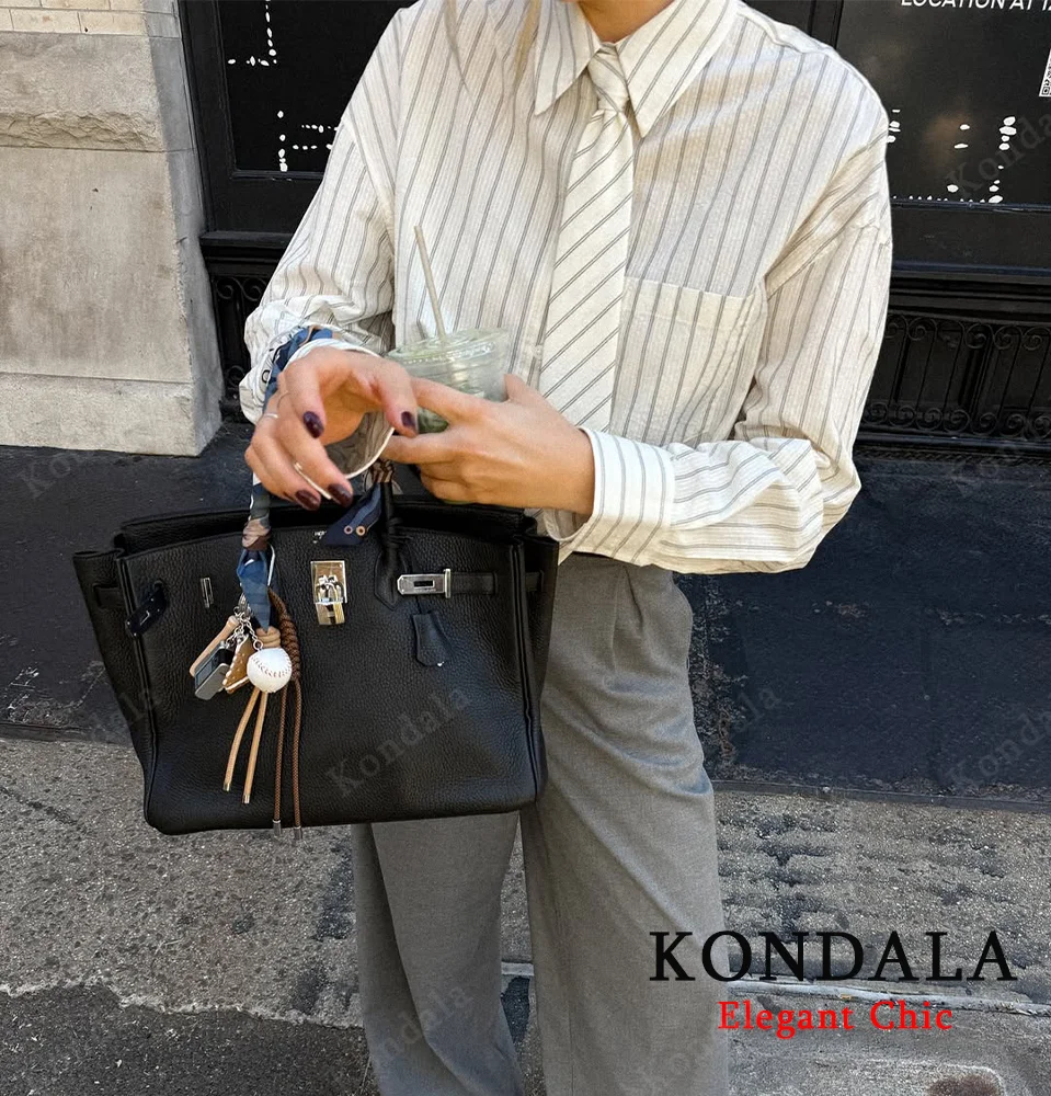 KONDALA Damska Luźna Koszula w Paski z Kołnierzykiem, Wiązana, Zapinana na Guziki, Moda Wiosna-Jesień 2025, Uniwersalna Koszula Damska do Pracy