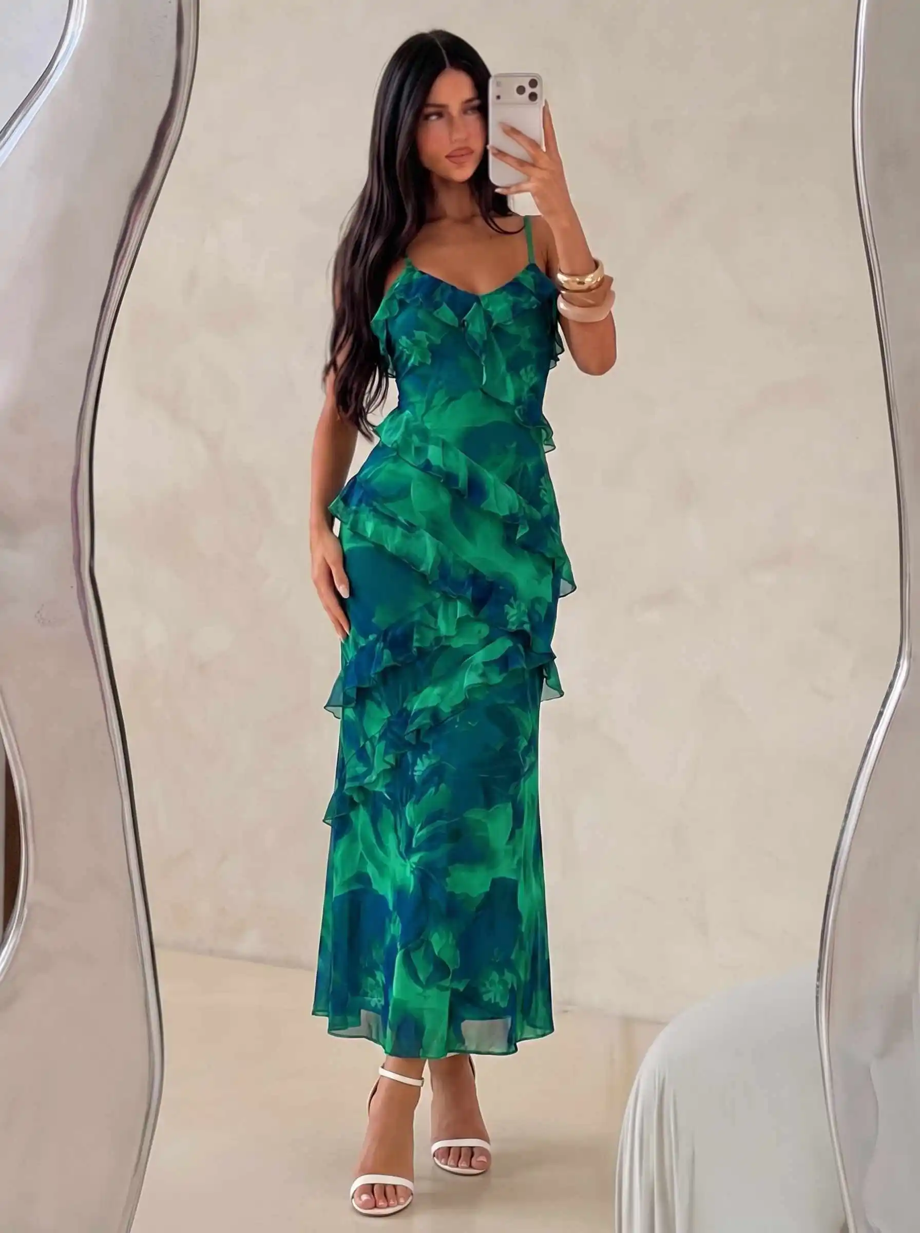 Damen Aquarell-Rosen-Print Cami-Kleid mit Rüschen, Chiffon-Midikleid, Spaghettiträger, fließendes Kleid für Urlaub, Strandparty, Ferien – Detail 18