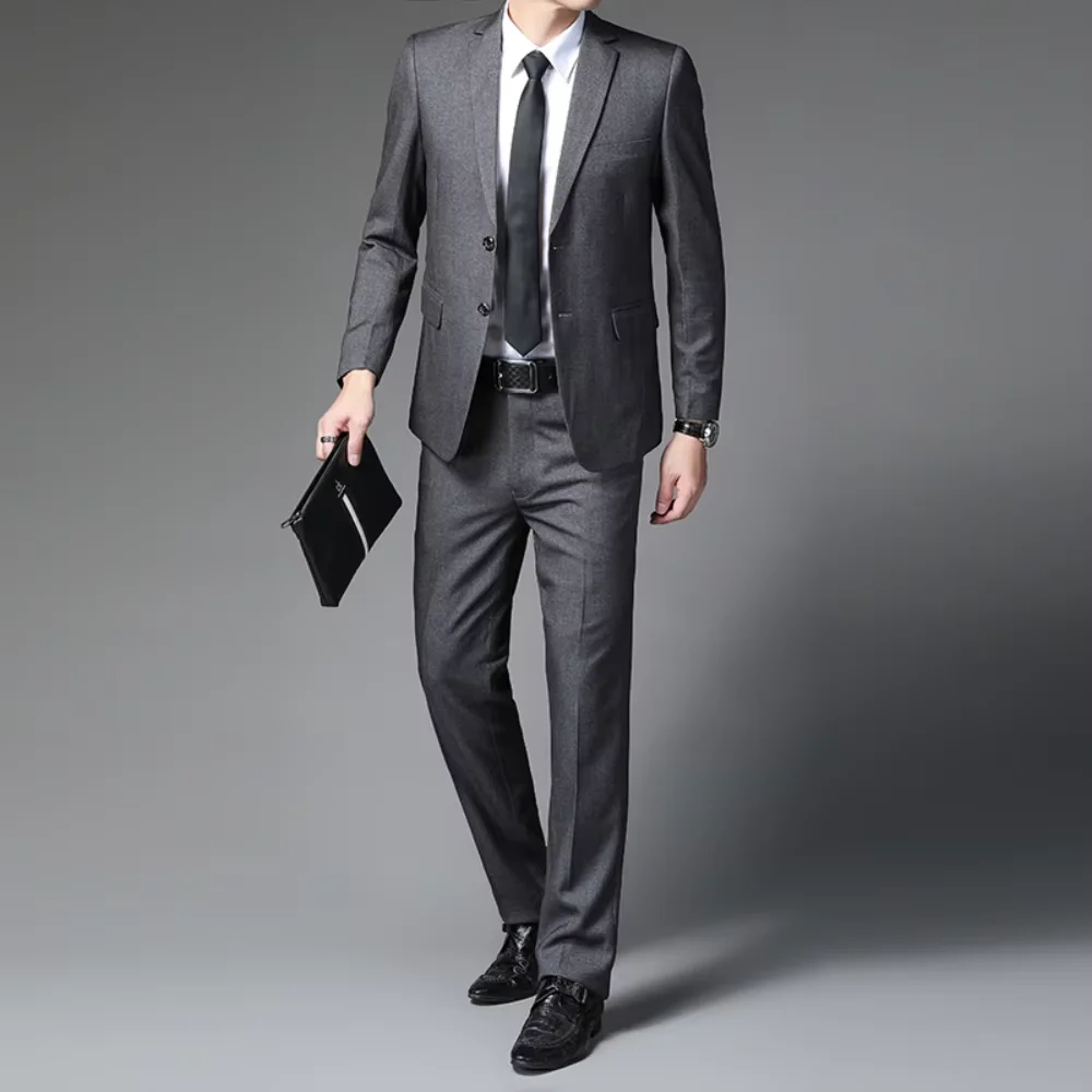 

Gray Single Breasted Suits For Men Set 2 Pieces Chic Notch Lapel Wedding Business Party Handsome Formal Outfits Jacket Pants