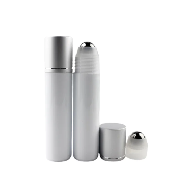 

30ml Empty Glossy White Plastic Refillable Bottle Glass Bead Steel Bead Silver Line Lid Eye Cream Roll on Facial Massage Bottle