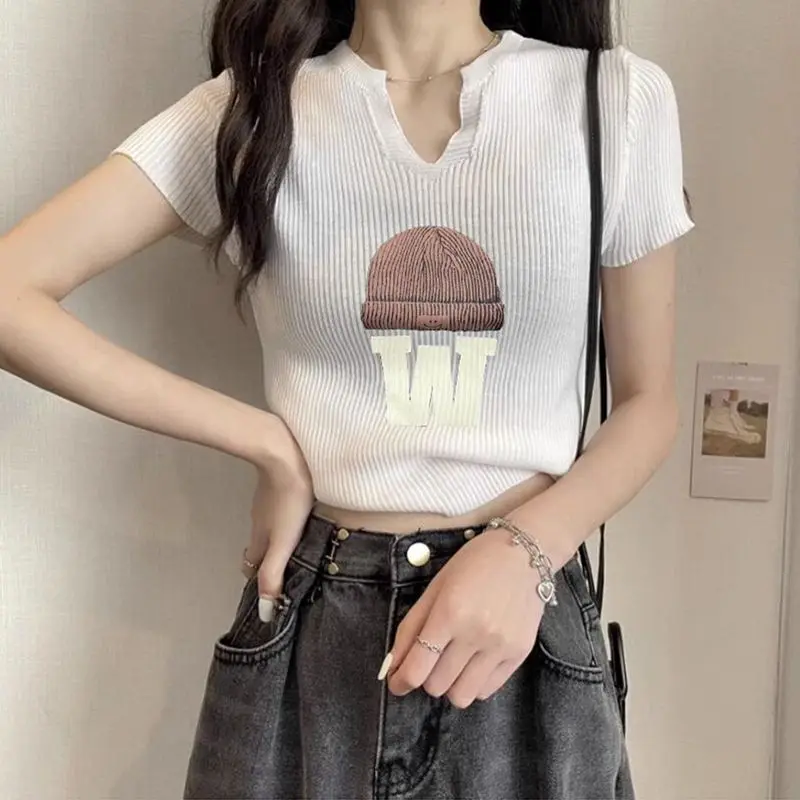 Ice Silk Knitted V-neck Short Sleeve Shoulder T-shirt Women\'s 2024 Summer New Spicy Girl Slim Fit Short Style Unique T-shirt Top