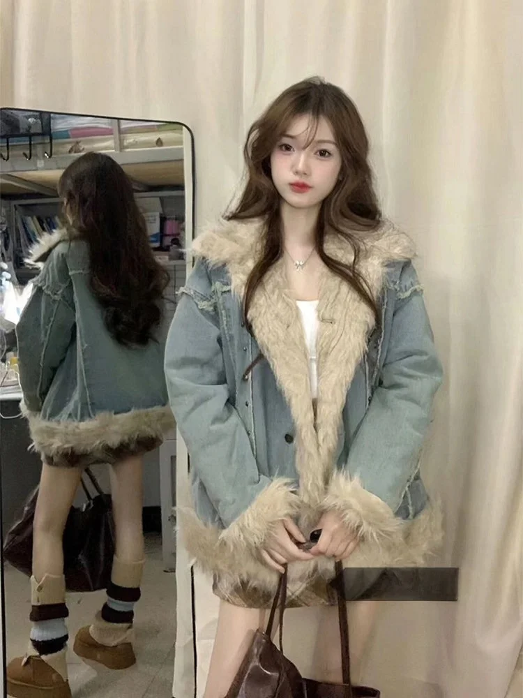 

Корейская утепленная джинсовая куртка в клетку с мехом, женское весеннее модное хлопковое пальто с длинными рукавами, капюшоном и застежкой на одну пуговицу