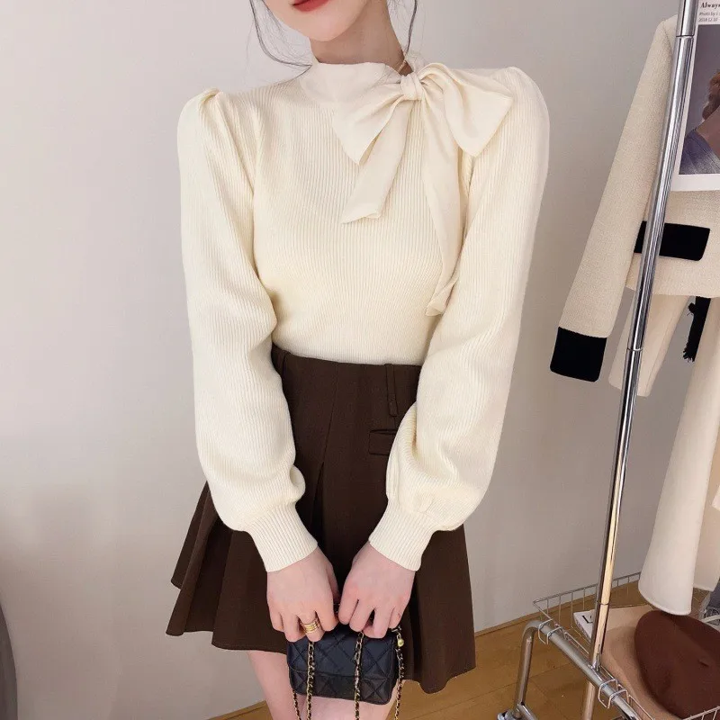 OCEANLOVE French Style Big Bow Women Sweaters Puff Sleeve Contrast Color Elegant Pull Femme Sweet Vintage Slim Pullovers