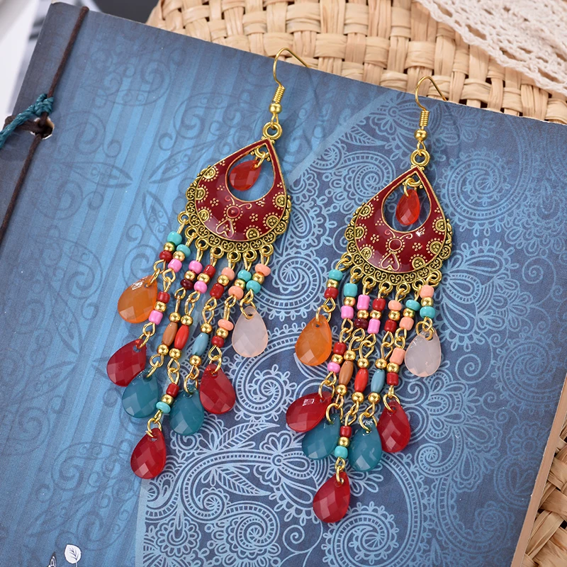 Ethnische Lange Acryl Wasser Tropfen Ohrringe für Frauen Retro Boho Gold Farbe Hohl Quaste Ohrringe Bijoux Femme Zubehör – Detail 21