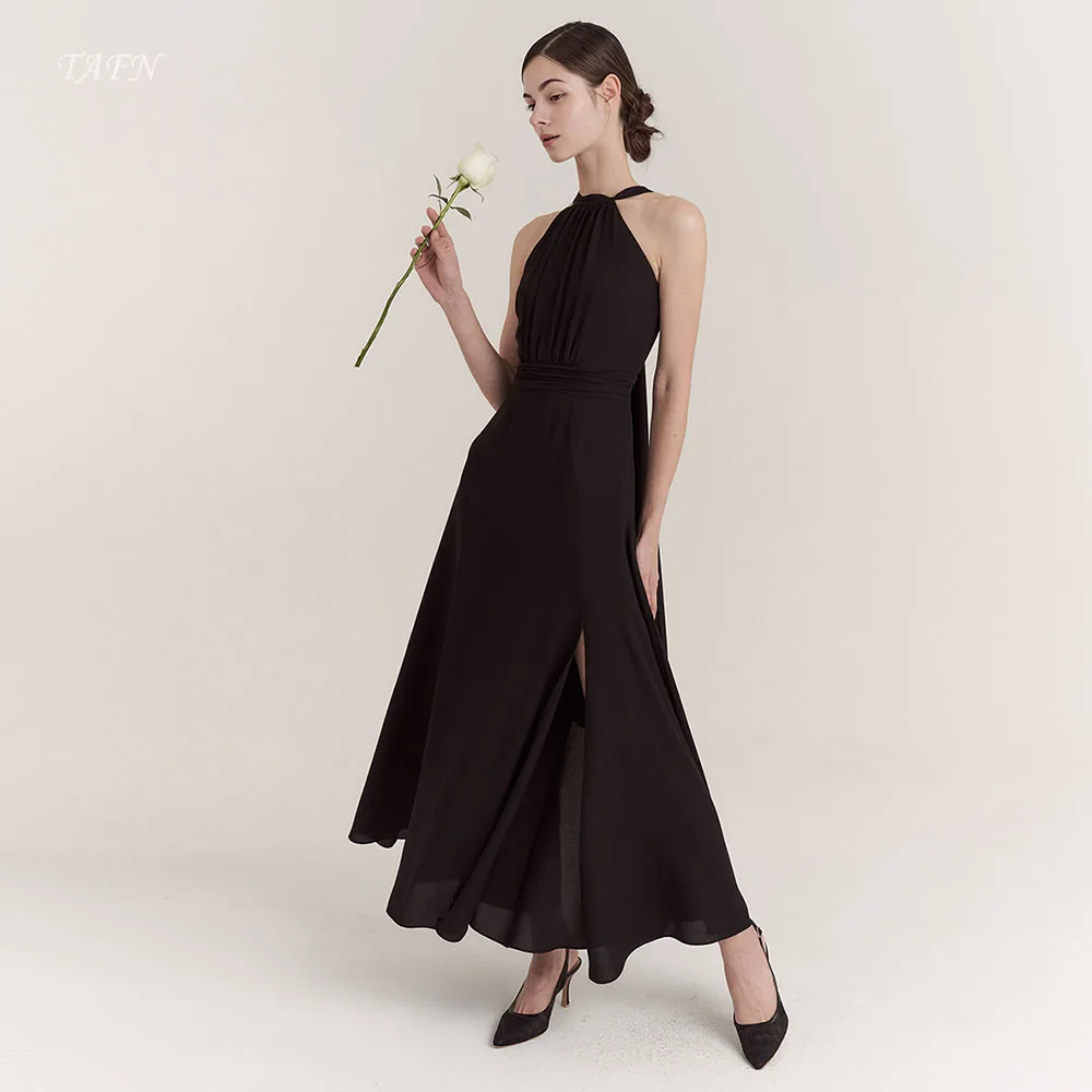 

TAFN Black Simple Evening Dresses High Collar Sleeveless Side Slit Prom Party Dresses A-line Draped Elegant vestidos de gala