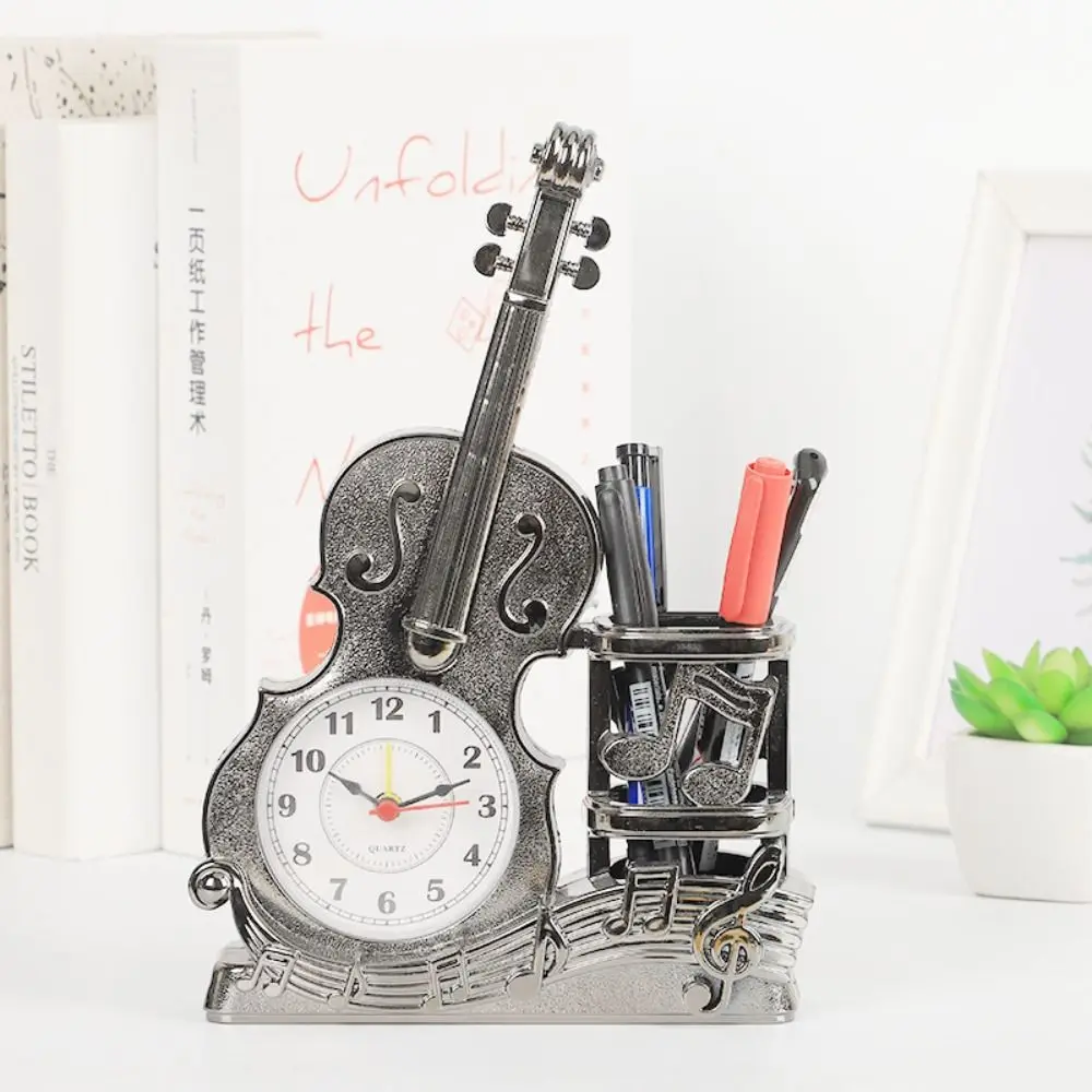 Battery Powered Guitar Alarm Clock Stylish Violin Creative Design Pen Holder Clock Chic Creative Built-in Pen Organizer