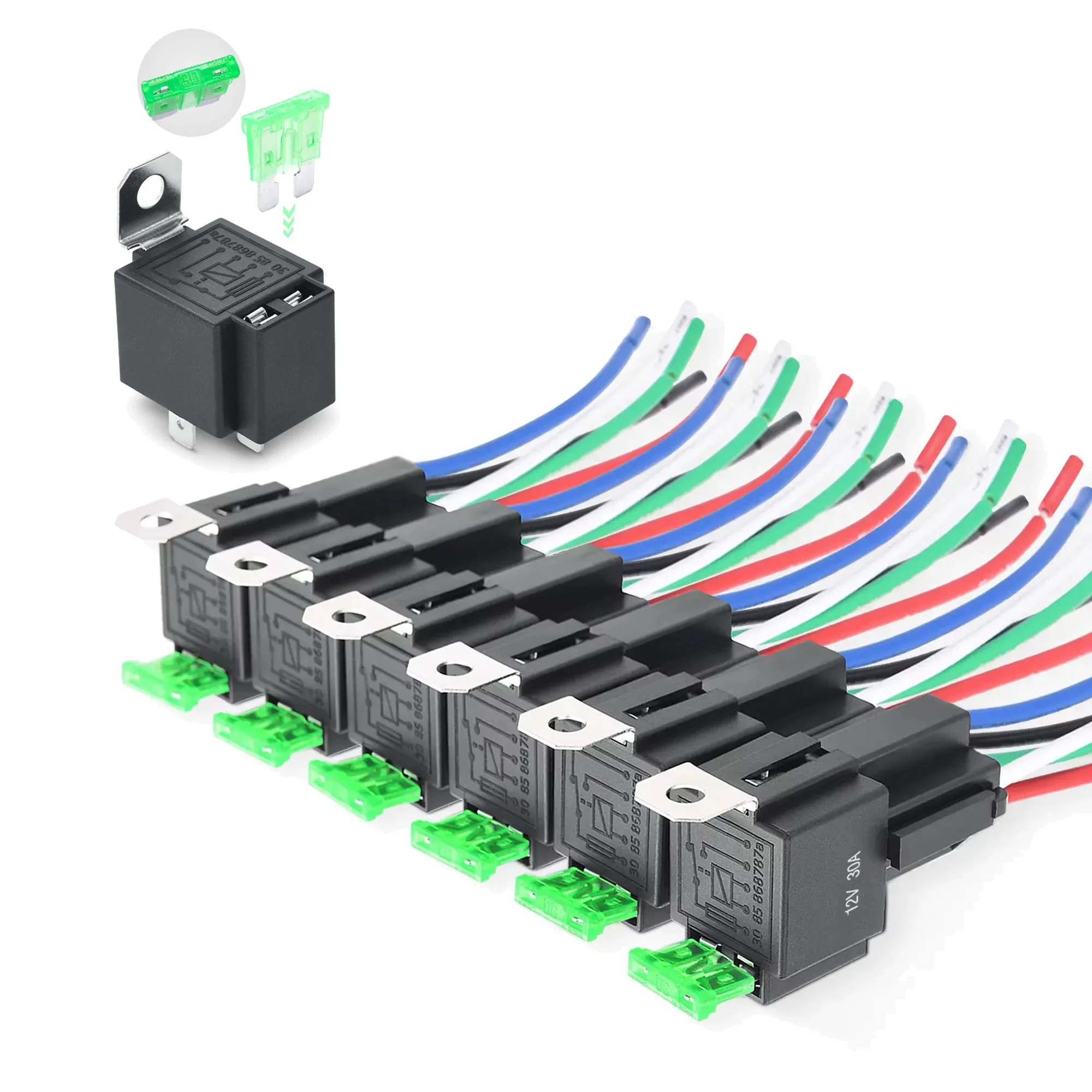 6Pcs 5 Pin 12V 24V DC Fuse Relay Switch Harness Set 6Pcs 5 Pin Copper Terminal Auto Relay 30A Fused On/Off Car With Socket Relay
