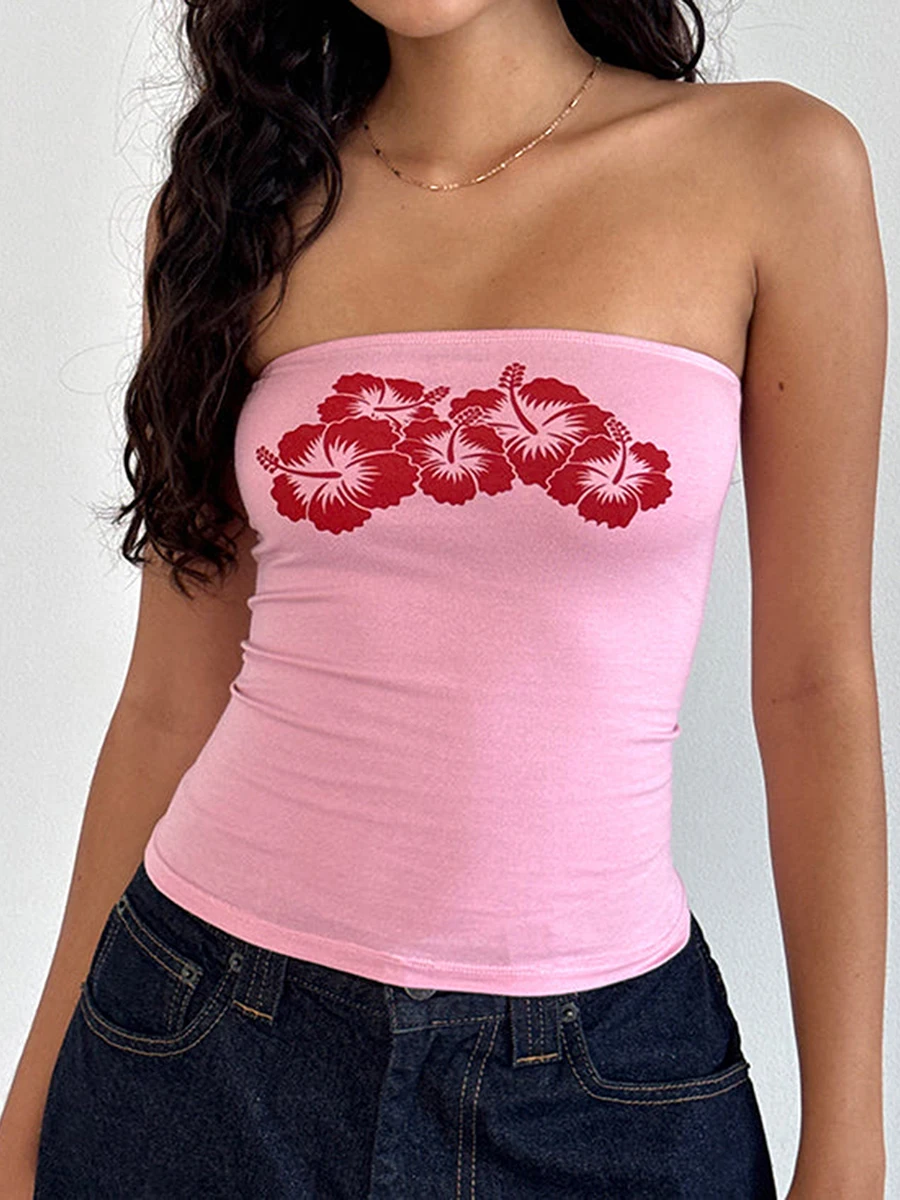 Women Tube Tops Floral Print Strapless Tops Summer Fashion Backless Bandeau Shirts