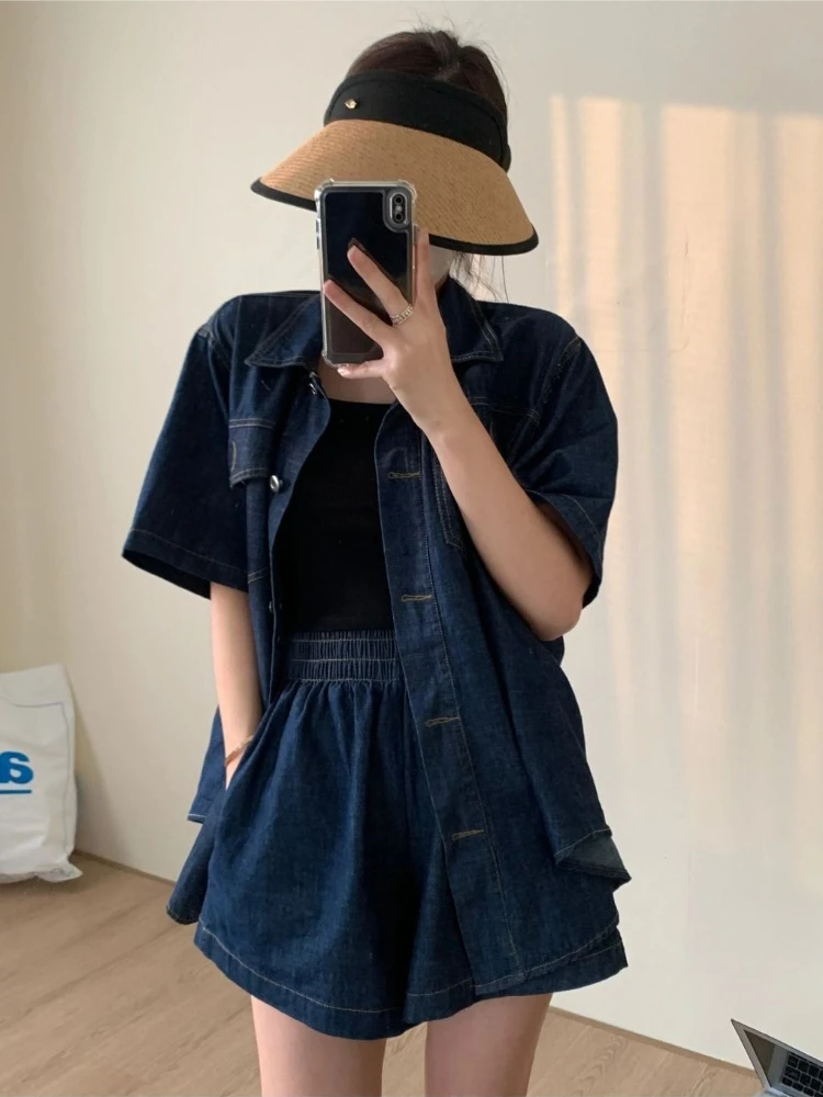 

Women's Summer 2026 Thin Denim Set Casual Short Sleeve Shirt Wide Leg Shorts Outfit Lightweight Hong Kong Style Streetwear