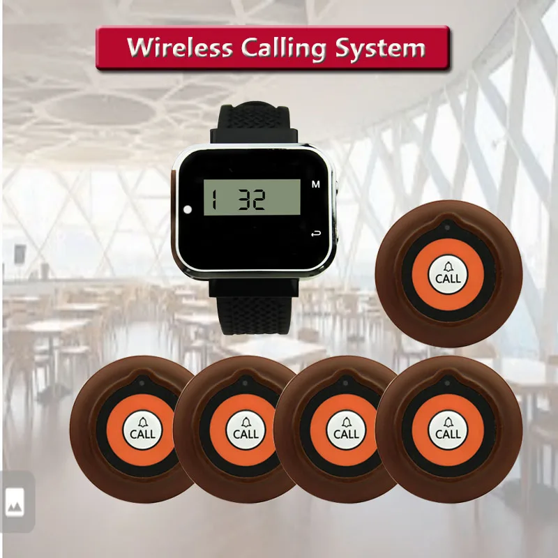 QWICALL Hotel Cafe Call Buttons Wireless Restaurant Paging Calling Bells 5 Transmitters 1 Waiter Watch Buzzer Pager