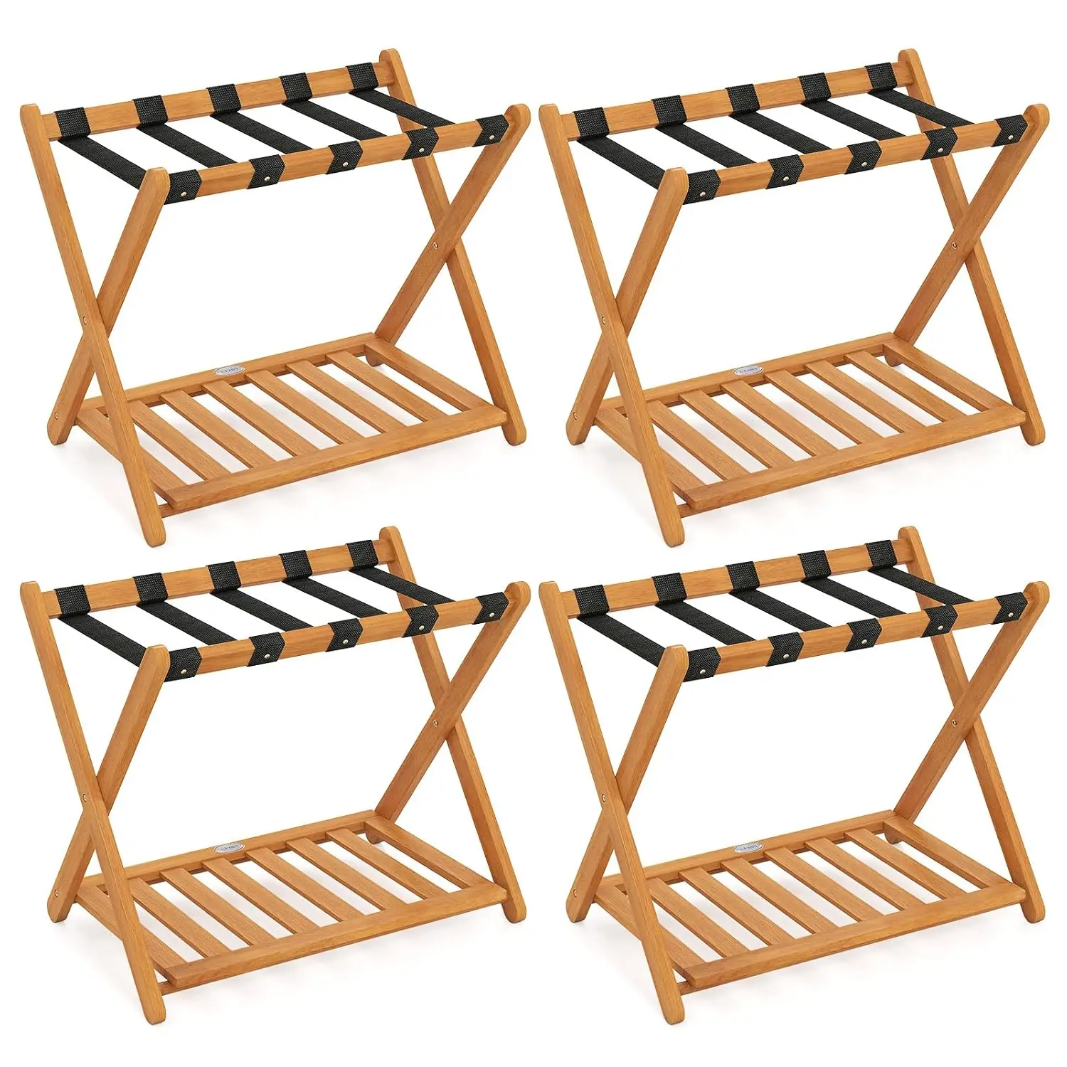 Folding Luggage Rack Set of 4, Acacia Wood Foldable Suitcase Stand with 5 Nylon Straps & Slatted Storage Shelf,, Customized