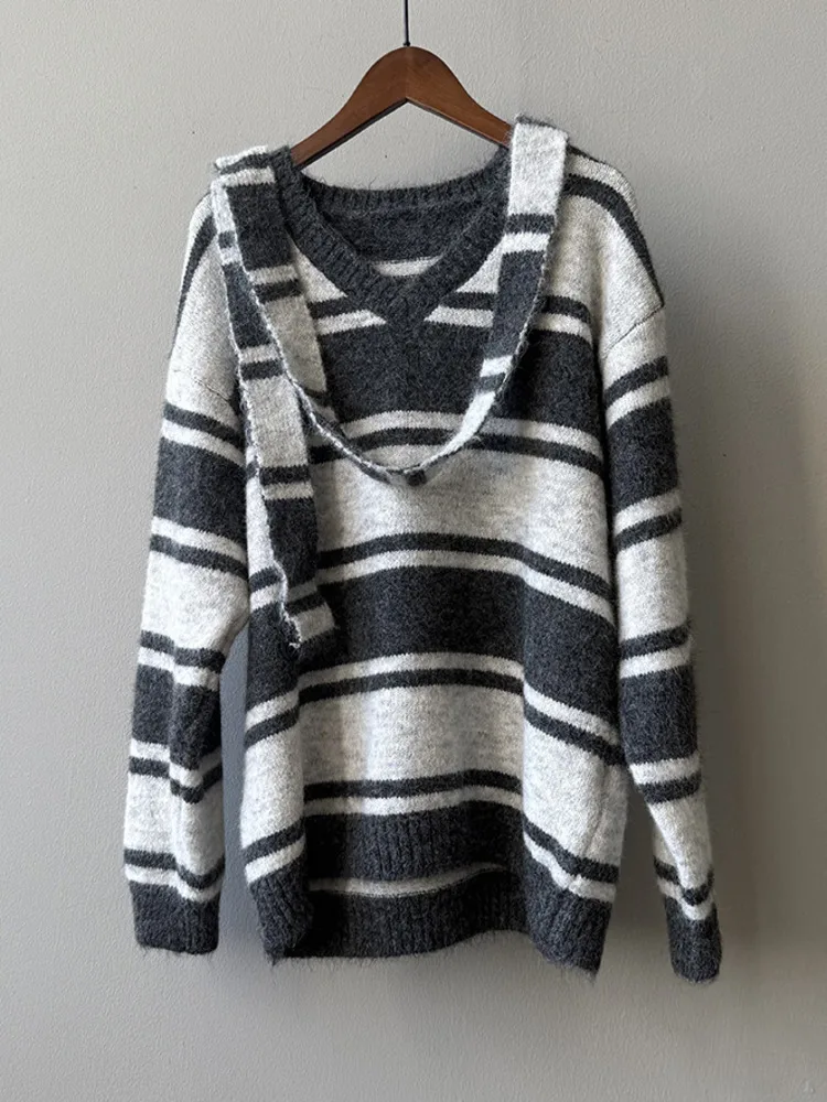 WHTREND Farbblock-gestreifter Pullover mit V-Ausschnitt für Damen, Herbst und Winter, locker gestricktes High-End-Pullover