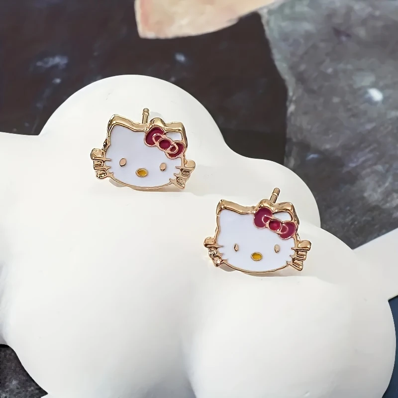 1Pair Cartoon Anime Sanrio Hello Kitty Stud Earrings For Women Girls Cute Kawaii Sweet Earrings Fine Jewelry Accessories Gifts