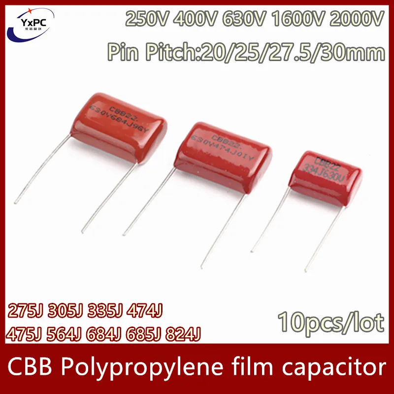10 шт. CBB полипропиленовый пленочный конденсатор 250 в 400 в 450 в 630 в 1000 в 1250 в 1600 в 152J 153J 154J 155J 182J 183J 184J 205J 221J