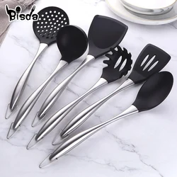 Silver Cooking Tool Set, Silicone Kitchen Utensil With Stainless Steel Handle, Soup Ladle, Colander, Kitchen Tool, 1Pc