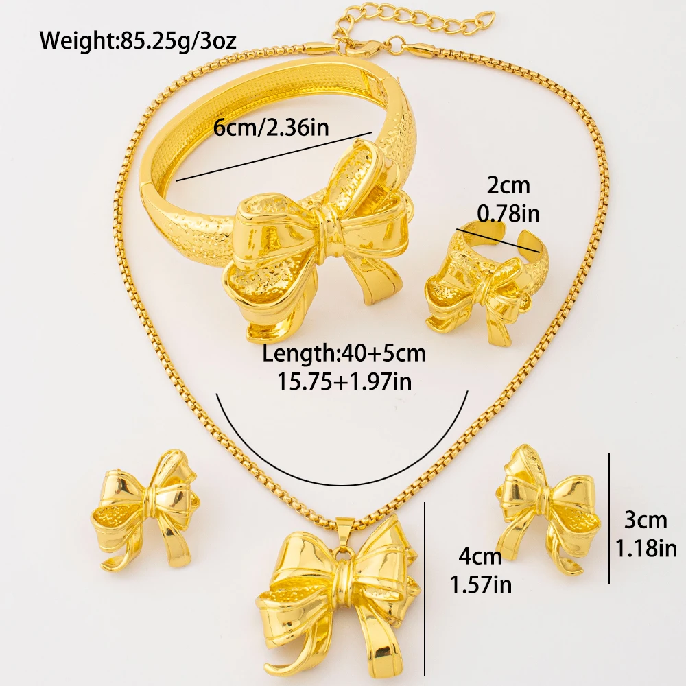 18k vergoldetes Schmetterlingsknoten-Schmuckset (4-teilig) mit Halsketten, Ohrringen, Armbändern und Ringen, Dubai Brautschmuck, Hochzeitsaccessoires, Geschenk – Detail 4