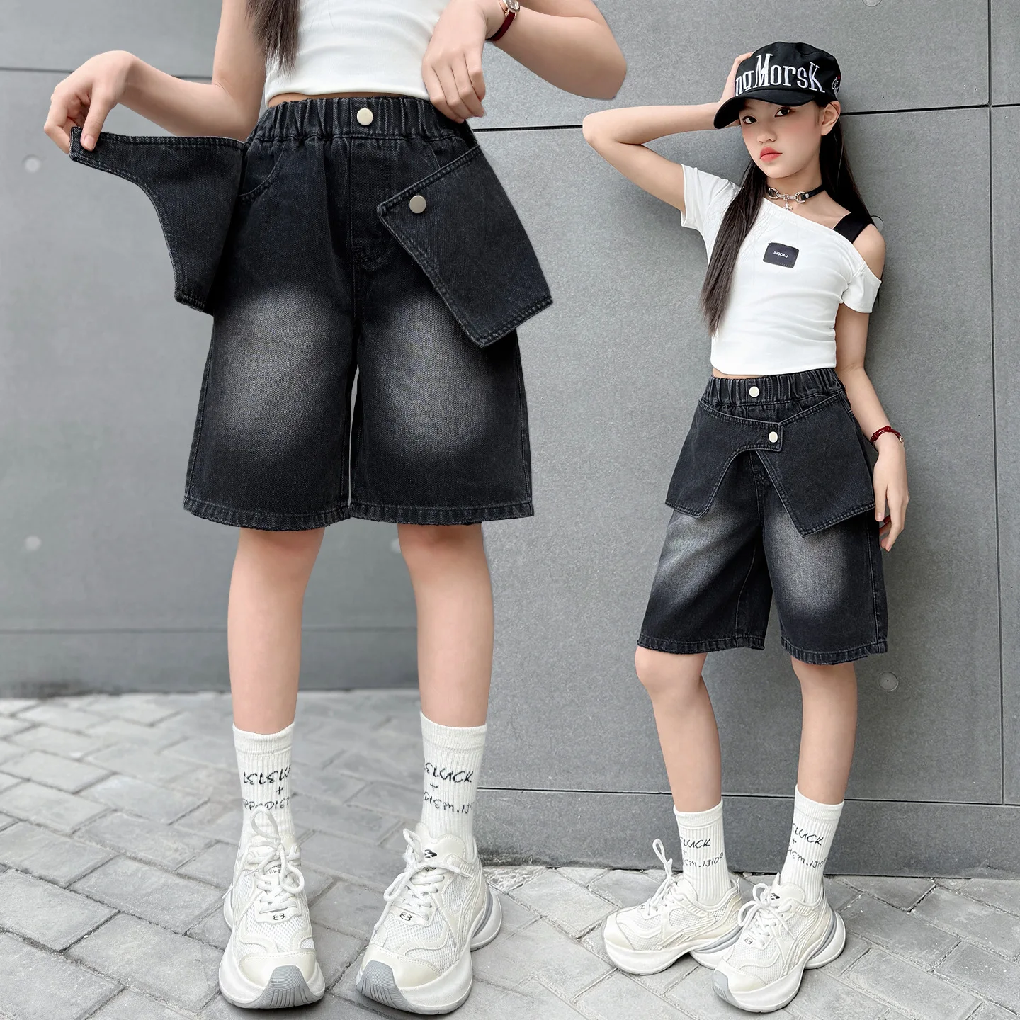 

Kids White Washed Denim Shorts Summer 2026 New Teen Girls Front Button Skirted Panel Five-Point Pants Children Casual Capris