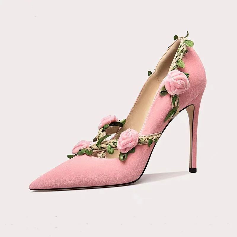 

Pink Flower Slip On Shallow Pumps Pointed Toe Thin High Heel Fashion Sexy Cool Western Summer Woman Shoes Zapatillas Mujer