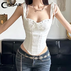 CIBBAR White Lace-up Bow Corset Top Women Vintage 2000s Sleeveless Skinny Cropped Tops Elegant Streetwear Tees y2k Coquette Vest