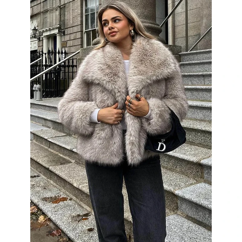 2024 Women Fashion Cropped Faux Fur Jacket Coat Long Sleeve Front Snap-button Female Outerwear Chic Lapel Collar Thick Coat