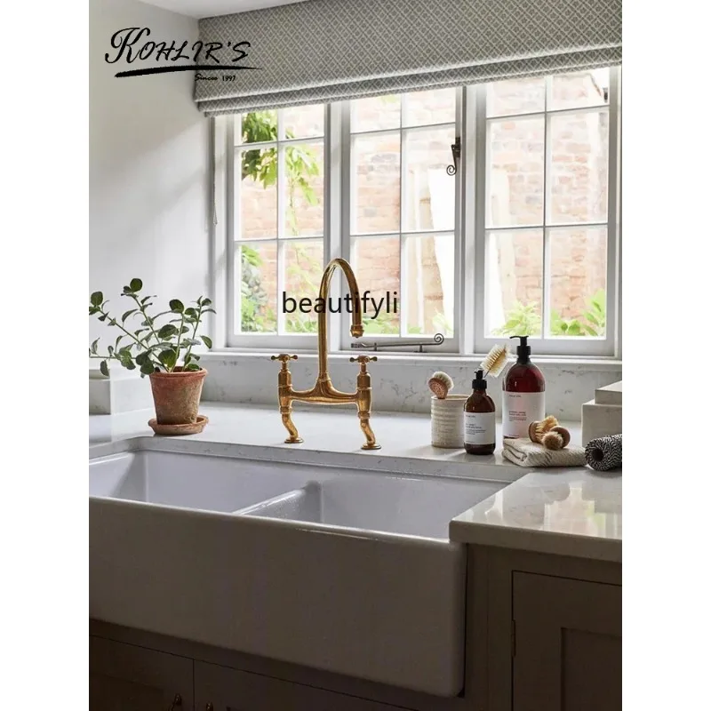 QQ45 American-Style Double-Slot Open Kitchen Semi-Embedded Ceramic Sink Large Washing Basin