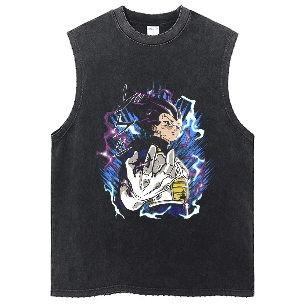 Men Washed T-Shirt Sleeveless Dragon Ball Anime Graphic Oversized Black T Shirt Summer Short Sleeve Hip-hop Tshirt VintageTank