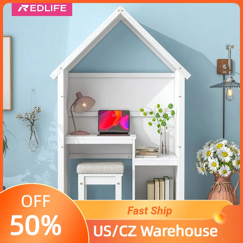 REDLIFE Children Study Desk with A Cushion Stool & Storage Cabinet Student's Computer Workstation Writing Table for Living Room