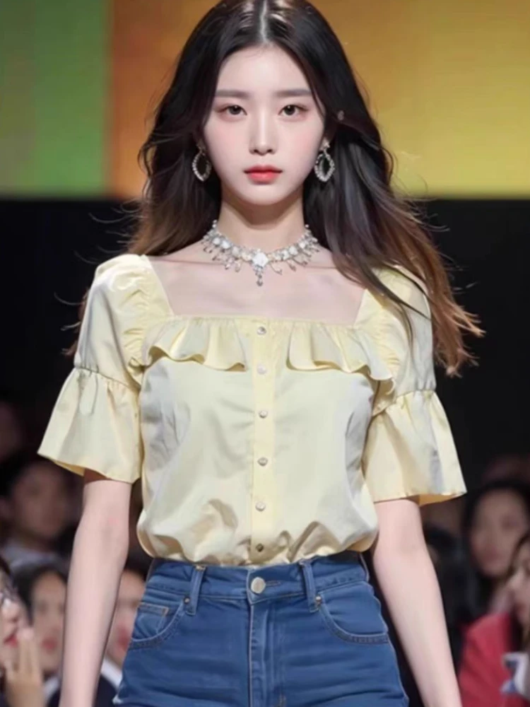 

2025 New Short Sleeve Blouses Solid Color Square Collar Ruffles Patchwork Shirts Summer All Match Fashion Sweet Women's Clothing