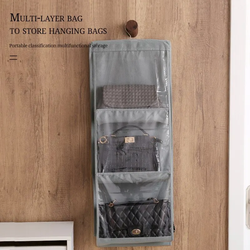 6 Pocket Hanging Handbag Organizer For Wardrobe Closet Gray Waterproof Storage Bag Door Wall Clear Sundry Bag With Hanger Pouch