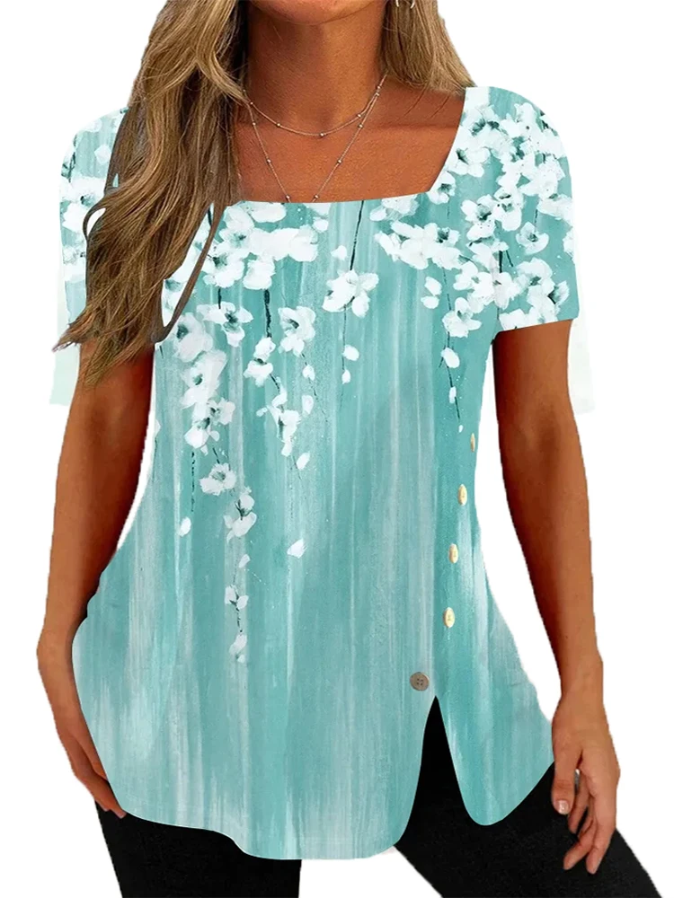 Top de manga corta con cuello en U para mujer, estampado Floral, botones, talla grande