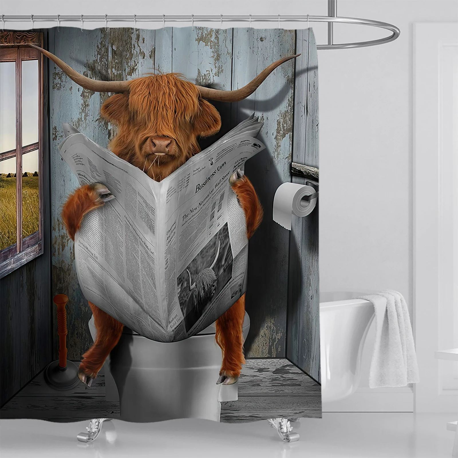 1 Pcs cartoon countryside yak waterproof shower curtain, bathroom decoration for reading newspapers, with 12 plastic hooks