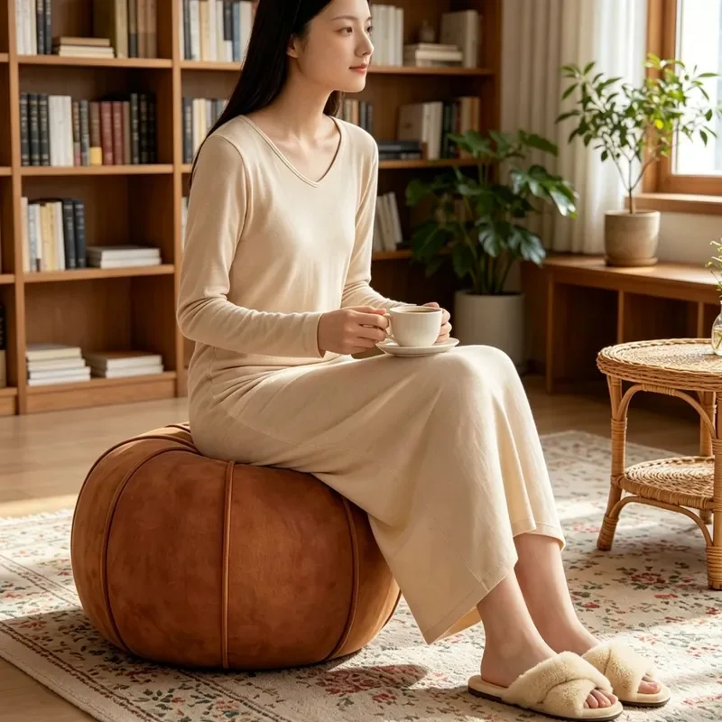 Small Low Stool for Living Room Household Flannel Footstool Children Seat Simple Pumpkin Design Sofa Side Stool Doorstep Pier