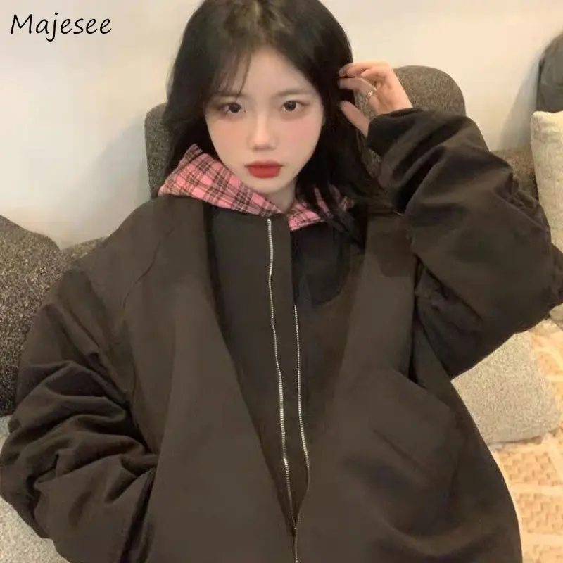 

Vintage Jackets Women Simple Casual O-neck American Style Baggy Cozy Spring Harajuku Streetwear Fashion All-match Solid Daily