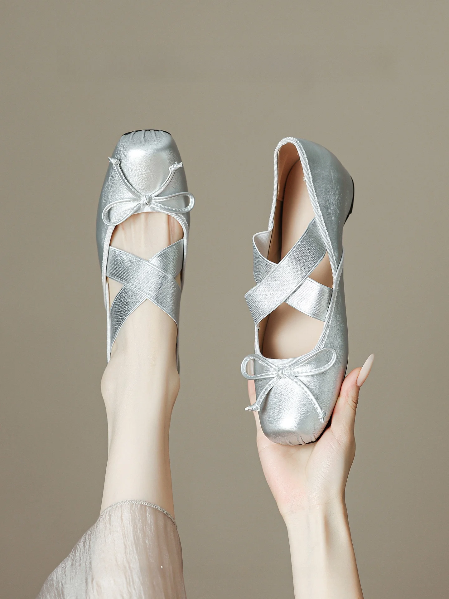 fashionable-silver-ballet-single-shoes-women's-mary-jane-flats-knot-high-rise-comfortable-casual-shoes-for-young-women