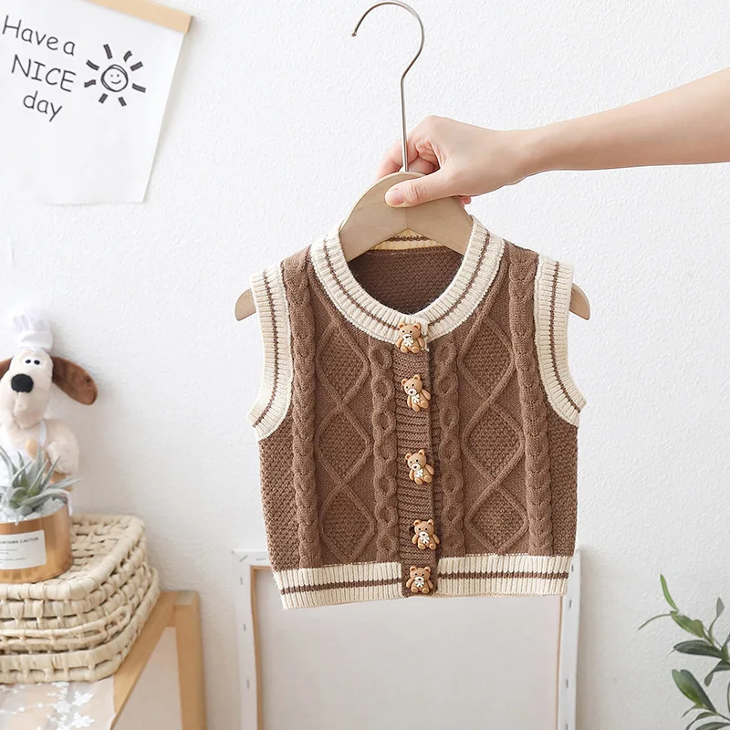 Spring Autumn Boys Clothing Children\'s College Style Knitted Vest Sleeveless Knit Cardigan Vests Baby Boy Loose Knitwear HY01201