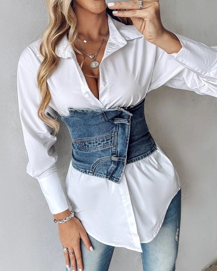 Fashionable and Handsome Girl's Color Blocking Shoulder Bump Denim Patch Casual Lapel Long Sleeved Tight Fitting Shirt