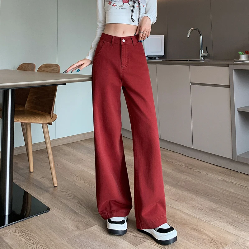 

Fashion Straight Loose Jeans Women Korean Style High Waist Denim Pants Classic Red Wide Leg Trousers 2025 New Casual Streetwear