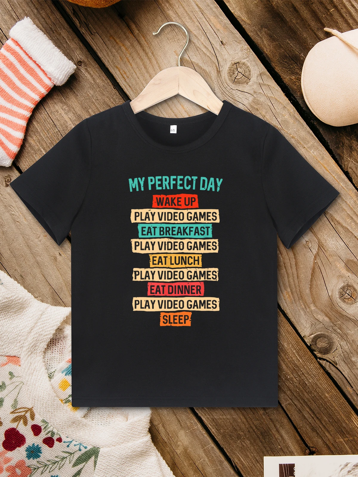 “My Perfect Day Play Video Games” Funny Kids T Shirt for Boys Short Sleeve Black Tops Summer Home 3 to 7 Years Children Clothes